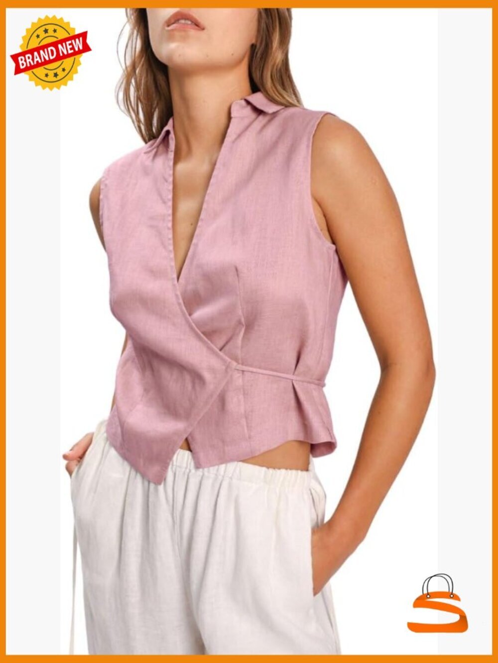 100% Linen Sleeveless V-Neck Wrap Crop Top Tie Waist Summer Blouse